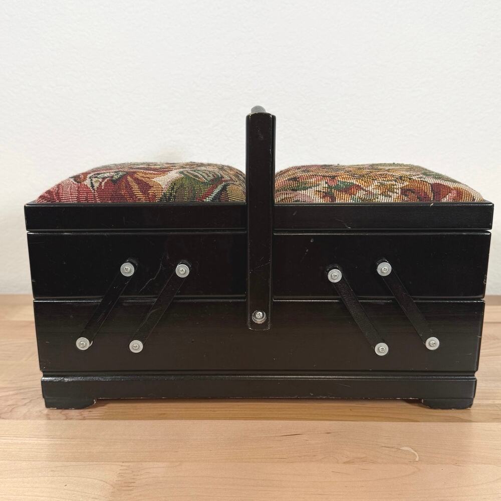 Vintage Cherry Wood Accordion Sewing Box Floral Tapestry Storage Organizer